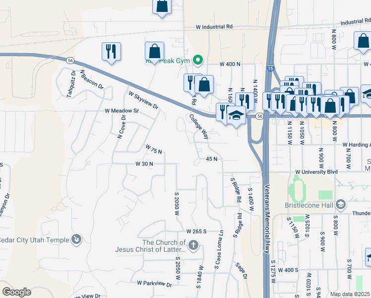 map of restaurants, bars, coffee shops, grocery stores, and more near 99 North 1850 West in Cedar City
