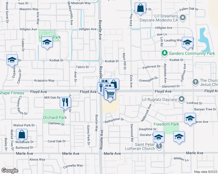 map of restaurants, bars, coffee shops, grocery stores, and more near 3019 Floyd Avenue in Modesto