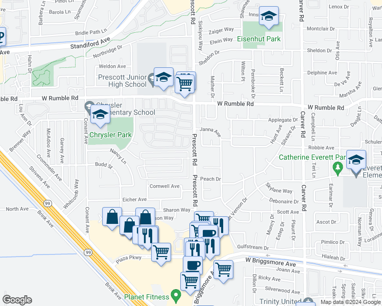 map of restaurants, bars, coffee shops, grocery stores, and more near 2105 Chrysler Drive in Modesto