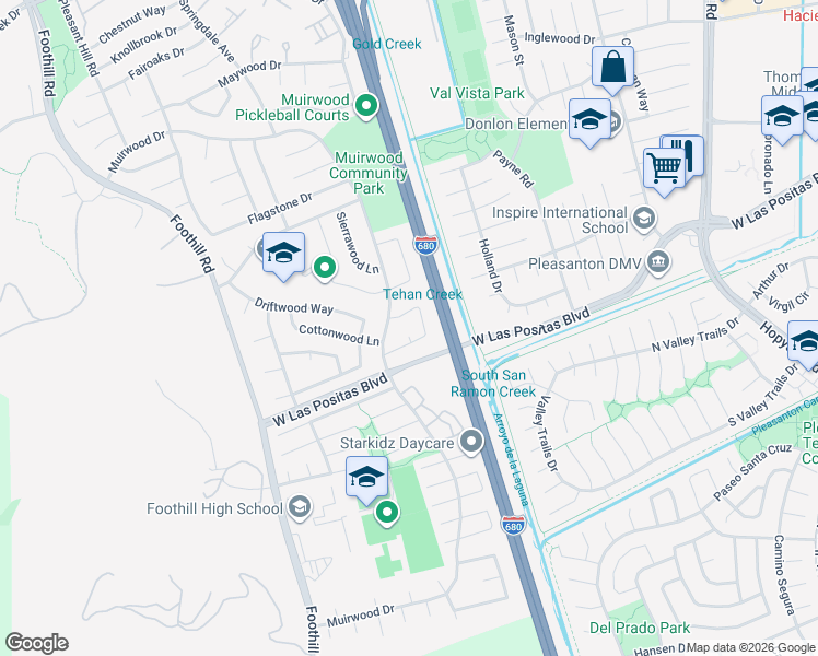 map of restaurants, bars, coffee shops, grocery stores, and more near 4291 Tulipwood Court in Pleasanton