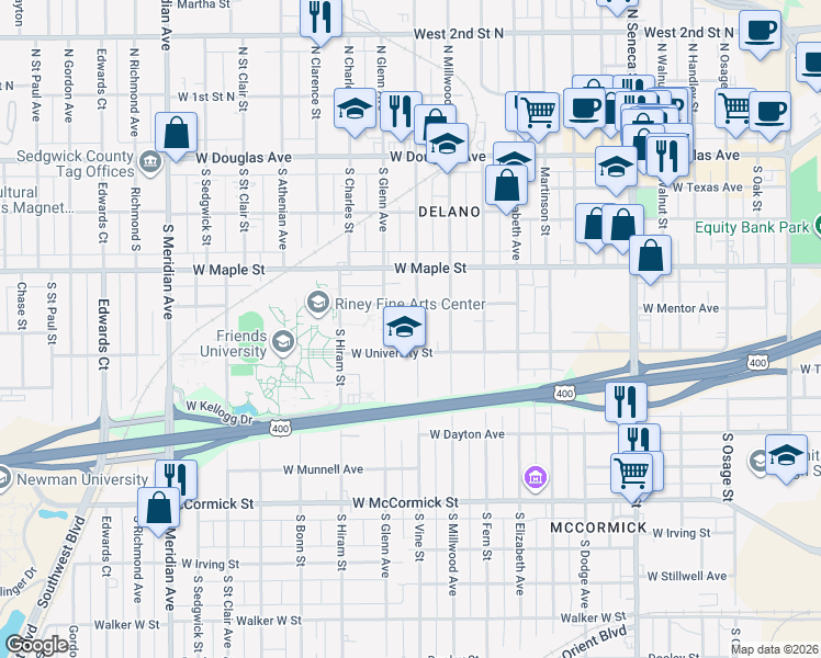 map of restaurants, bars, coffee shops, grocery stores, and more near 1816 West University Street in Wichita