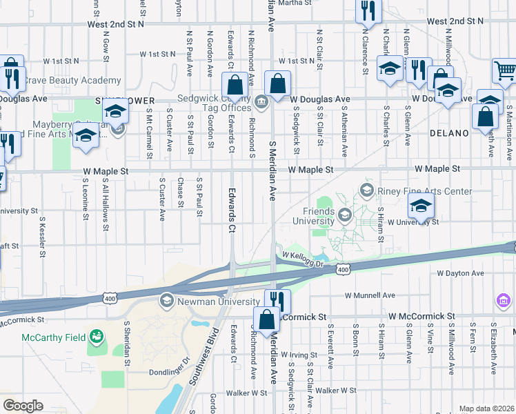 map of restaurants, bars, coffee shops, grocery stores, and more near 527 Richmond South in Wichita