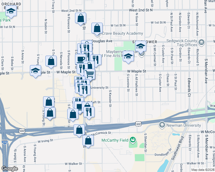 map of restaurants, bars, coffee shops, grocery stores, and more near 365 Kessler South Street in Wichita