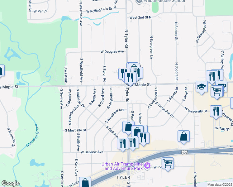 map of restaurants, bars, coffee shops, grocery stores, and more near 201 South Maybelle Street in Wichita