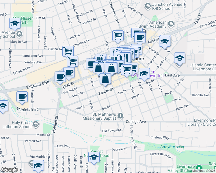 map of restaurants, bars, coffee shops, grocery stores, and more near 1840 Fourth Street in Livermore
