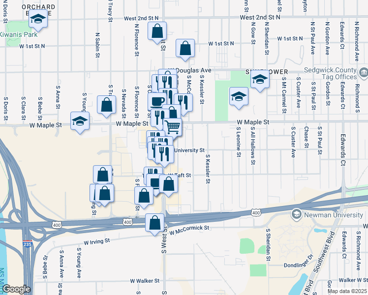 map of restaurants, bars, coffee shops, grocery stores, and more near 3824 West University Street in Wichita