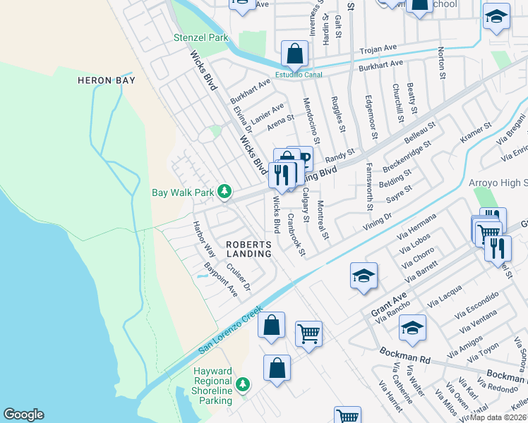 map of restaurants, bars, coffee shops, grocery stores, and more near 2100 Lewelling Boulevard in San Leandro