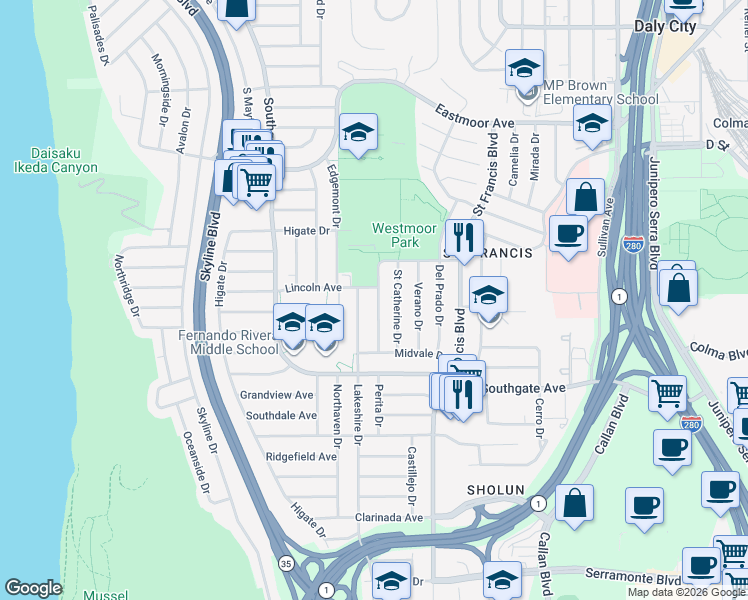 map of restaurants, bars, coffee shops, grocery stores, and more near 216 Mariposa Avenue in Daly City