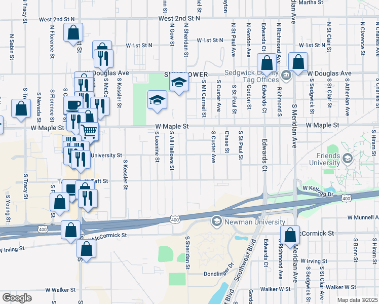 map of restaurants, bars, coffee shops, grocery stores, and more near 354 South Sheridan Street in Wichita