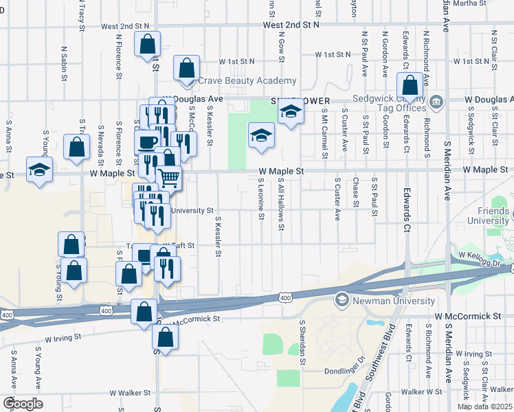 map of restaurants, bars, coffee shops, grocery stores, and more near 355 Leonine South Street in Wichita