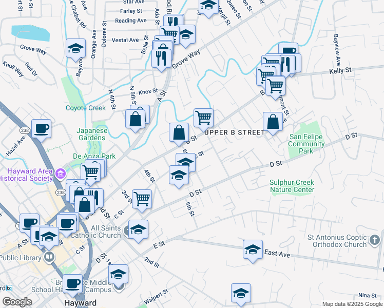 map of restaurants, bars, coffee shops, grocery stores, and more near 1616 C Street in Hayward