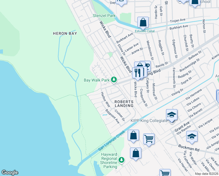 map of restaurants, bars, coffee shops, grocery stores, and more near 15500 Oceanside Way in San Leandro