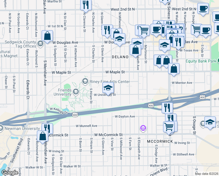 map of restaurants, bars, coffee shops, grocery stores, and more near 1816 West University Street in Wichita