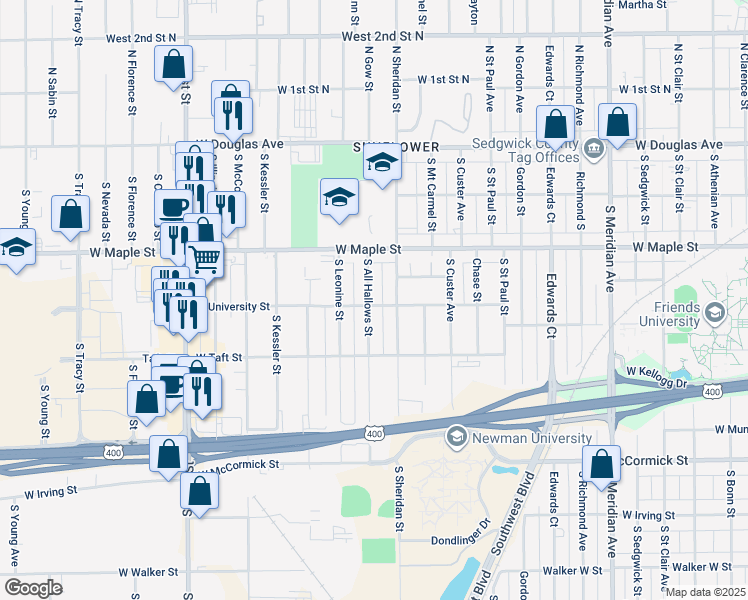 map of restaurants, bars, coffee shops, grocery stores, and more near 360 South All Hallows Street in Wichita