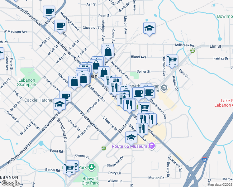 map of restaurants, bars, coffee shops, grocery stores, and more near 380 South Jefferson Avenue in Lebanon