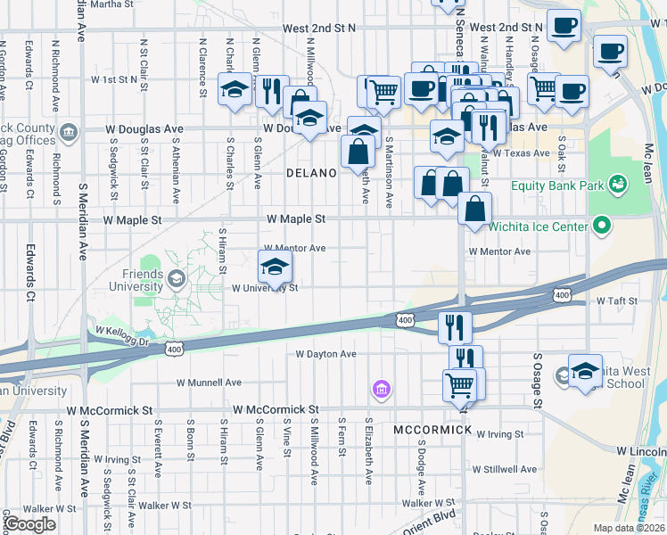 map of restaurants, bars, coffee shops, grocery stores, and more near 521 South Fern Street in Wichita