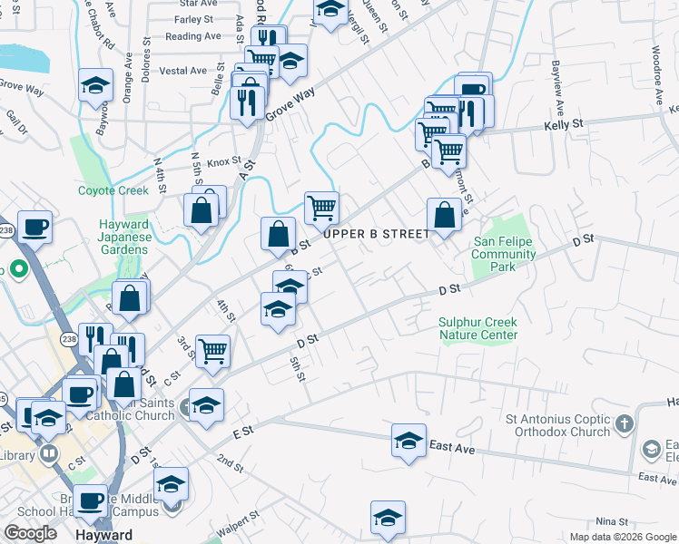 map of restaurants, bars, coffee shops, grocery stores, and more near 22689 7th Street in Hayward
