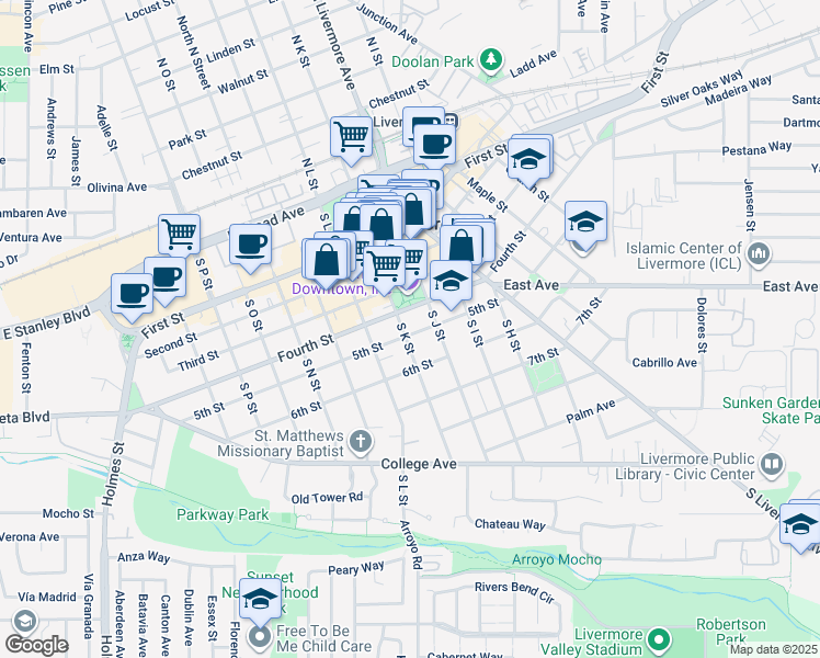 map of restaurants, bars, coffee shops, grocery stores, and more near 486 South K Street in Livermore