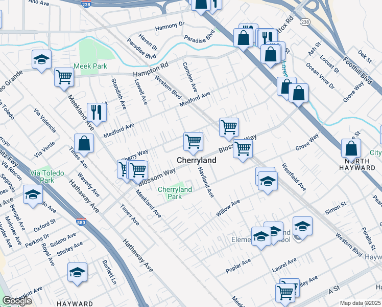 map of restaurants, bars, coffee shops, grocery stores, and more near 20923 Haviland Avenue in Hayward