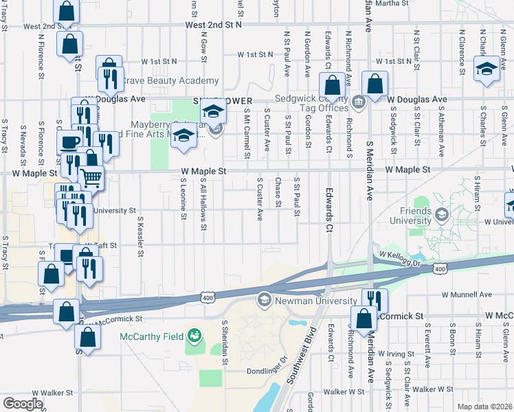 map of restaurants, bars, coffee shops, grocery stores, and more near 3116 West University Street in Wichita