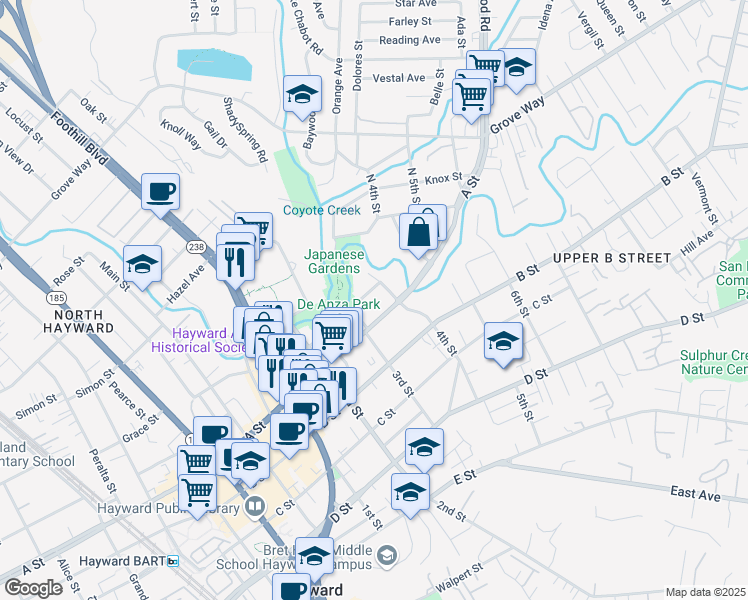 map of restaurants, bars, coffee shops, grocery stores, and more near 1361 Russell Way in Hayward