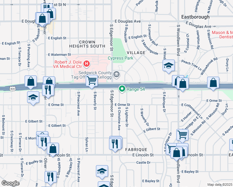 map of restaurants, bars, coffee shops, grocery stores, and more near 506 South Edgemoor Street in Wichita