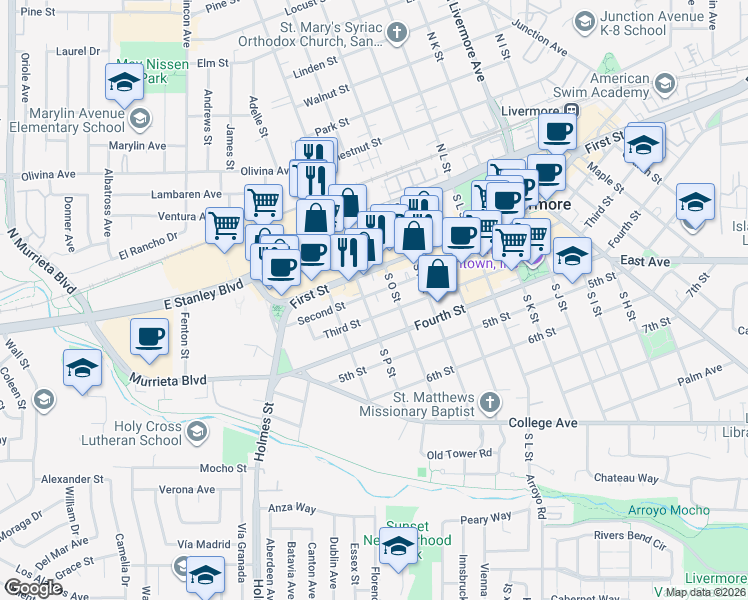 map of restaurants, bars, coffee shops, grocery stores, and more near 1587 Second Street in Livermore