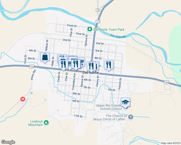 map of restaurants, bars, coffee shops, grocery stores, and more near in Del Norte