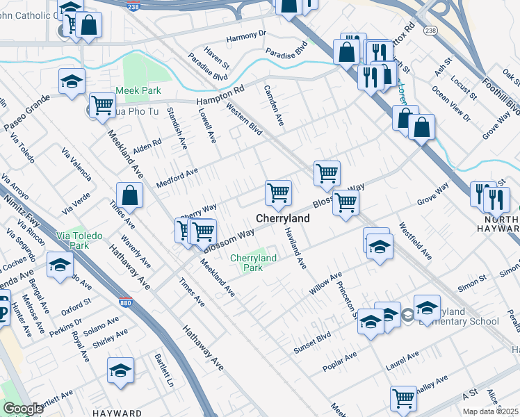 map of restaurants, bars, coffee shops, grocery stores, and more near 20630 Blossom Common in Hayward
