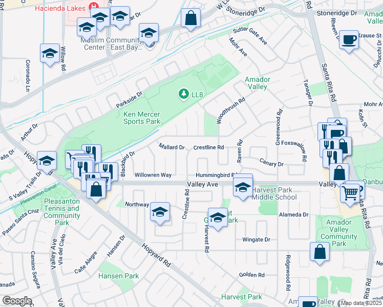 map of restaurants, bars, coffee shops, grocery stores, and more near 2344 Sandpiper Way in Pleasanton