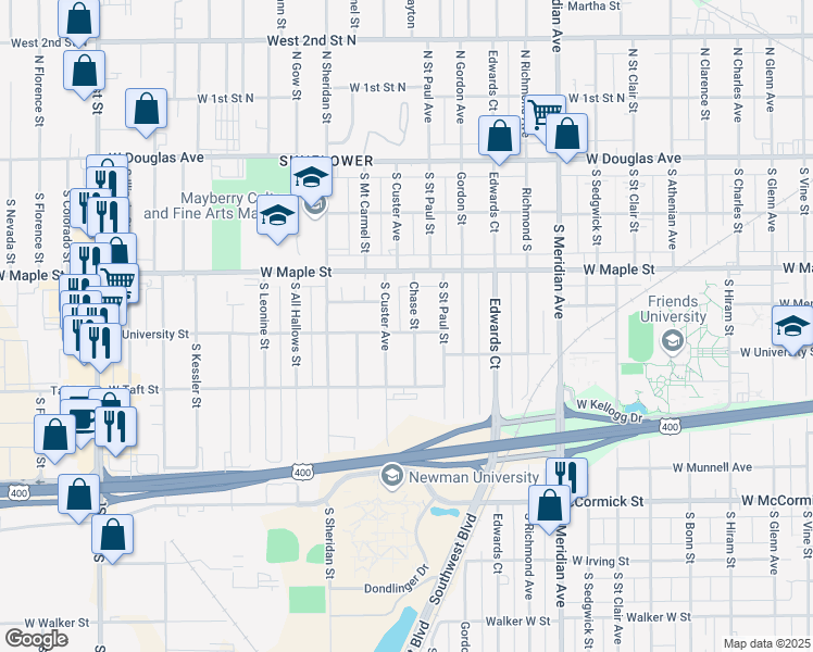 map of restaurants, bars, coffee shops, grocery stores, and more near 3014 West University Street in Wichita