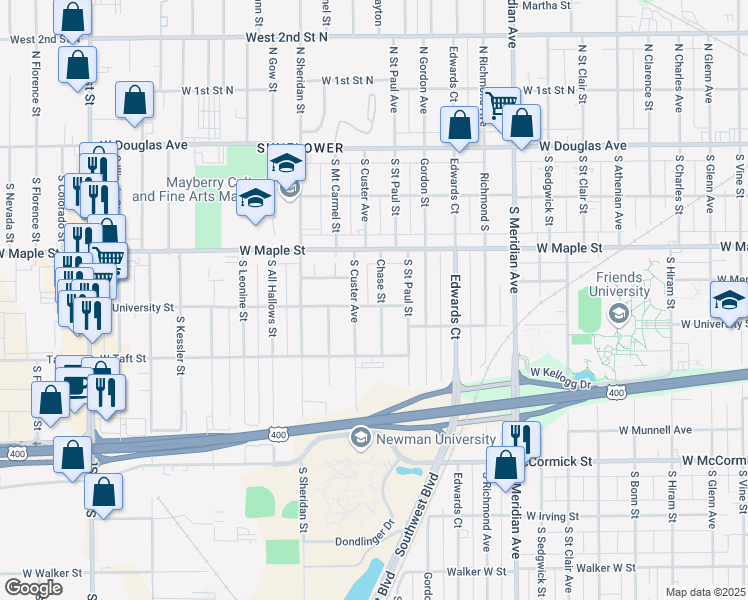 map of restaurants, bars, coffee shops, grocery stores, and more near 3012 West University Street in Wichita