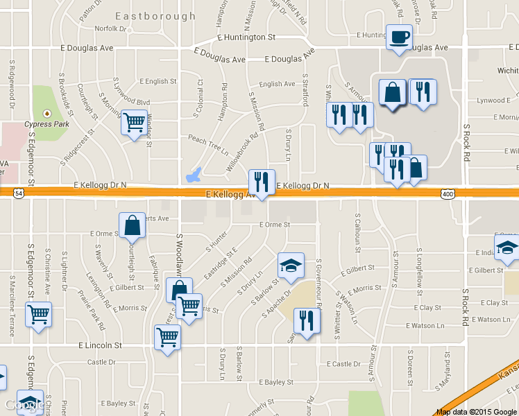 map of restaurants, bars, coffee shops, grocery stores, and more near 6829 E Kellogg Dr in Wichita