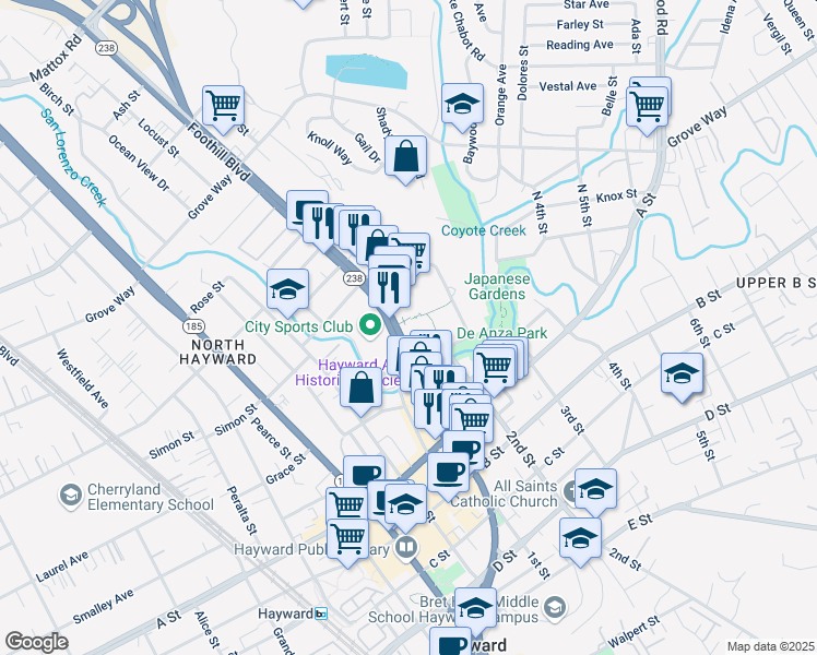 map of restaurants, bars, coffee shops, grocery stores, and more near 22300 California 238 in Hayward
