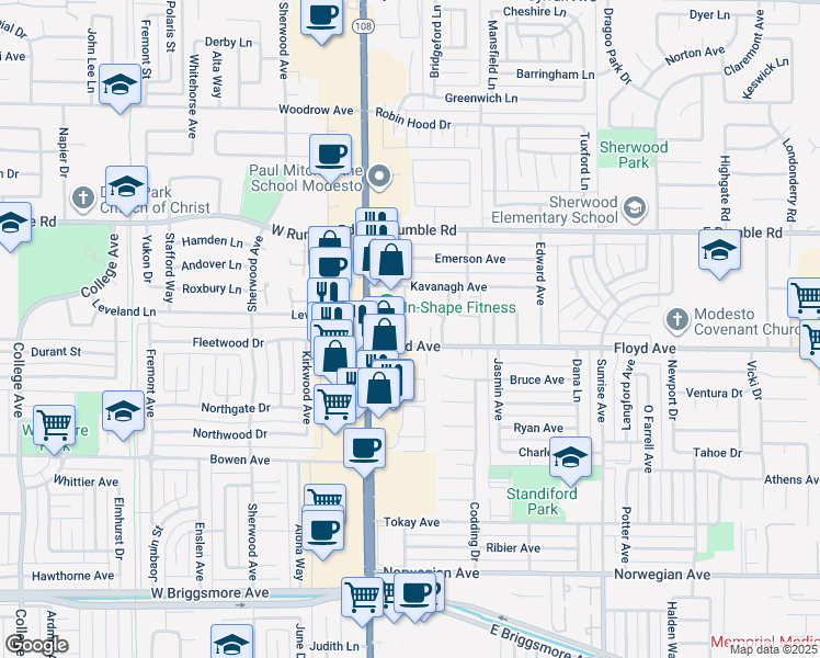 map of restaurants, bars, coffee shops, grocery stores, and more near 205 Floyd Avenue in Modesto