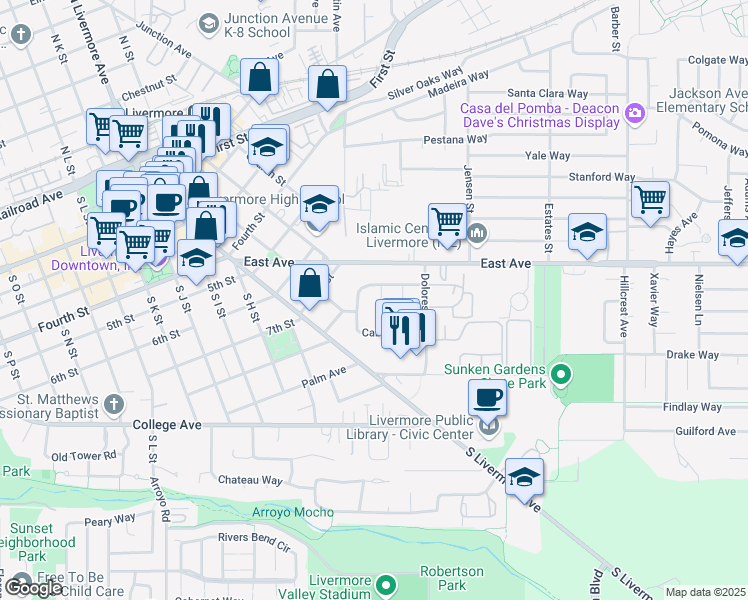 map of restaurants, bars, coffee shops, grocery stores, and more near 837 Arbor Court in Livermore