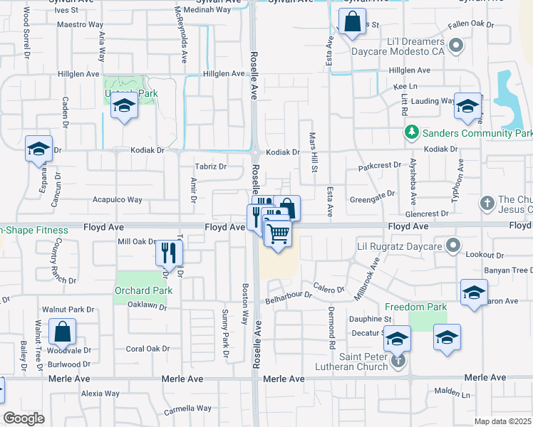map of restaurants, bars, coffee shops, grocery stores, and more near 3019 Floyd Avenue in Modesto