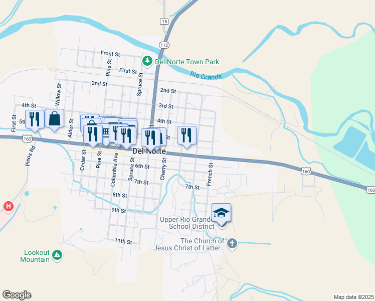map of restaurants, bars, coffee shops, grocery stores, and more near 1050 Grand Avenue in Del Norte