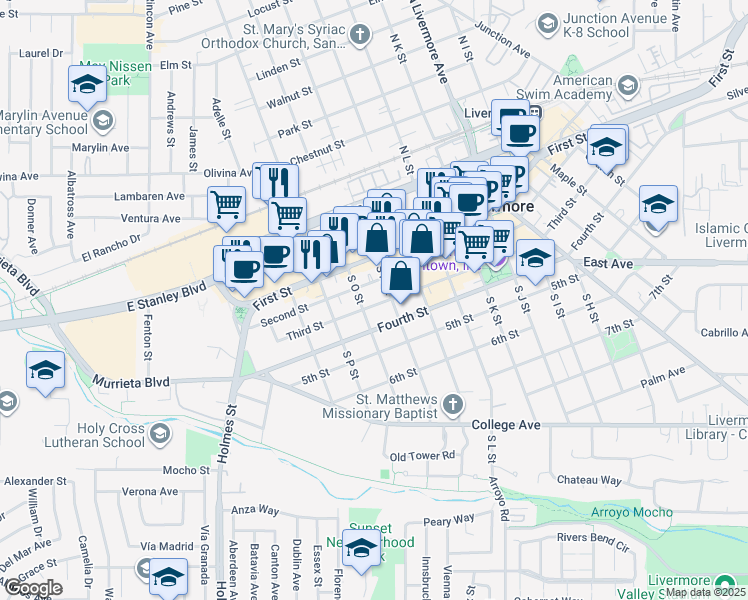map of restaurants, bars, coffee shops, grocery stores, and more near 1688 3rd Street in Livermore