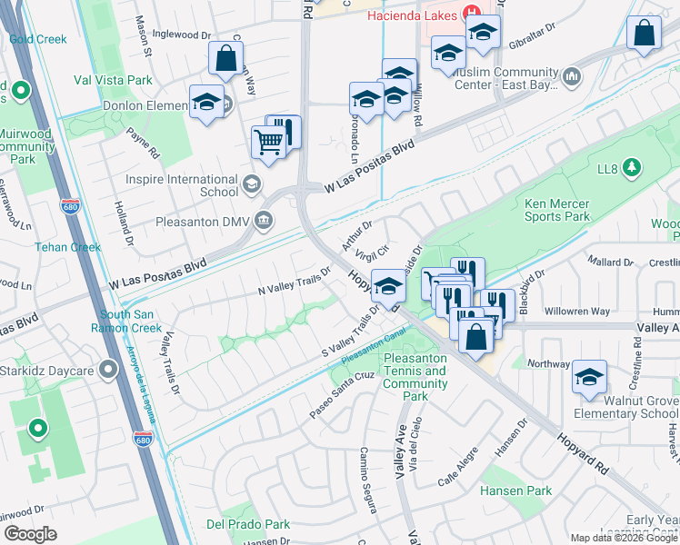 map of restaurants, bars, coffee shops, grocery stores, and more near 5945 Bryce Canyon Court in Pleasanton