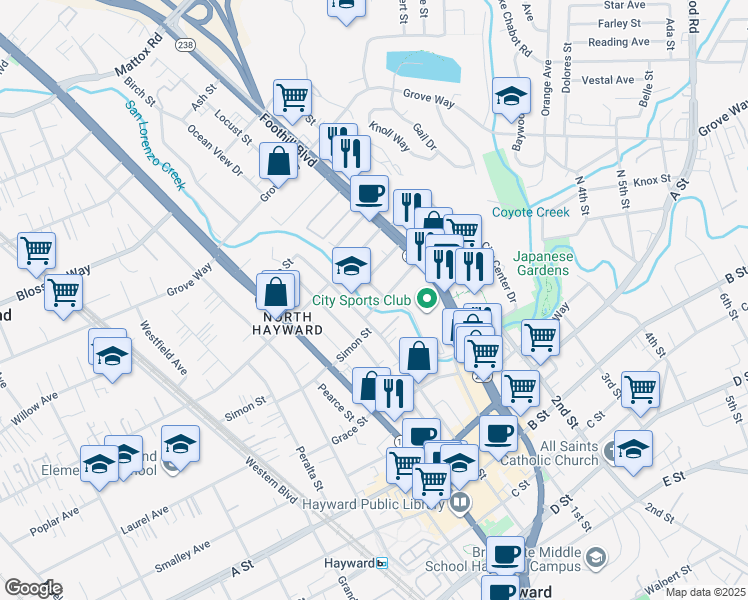 map of restaurants, bars, coffee shops, grocery stores, and more near 22148 Main Street in Hayward