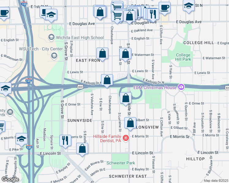 map of restaurants, bars, coffee shops, grocery stores, and more near 3003 East Kellogg Drive South in Wichita