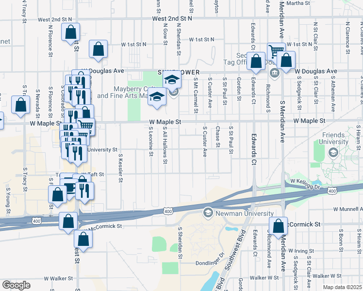 map of restaurants, bars, coffee shops, grocery stores, and more near 354 South Sheridan Street in Wichita