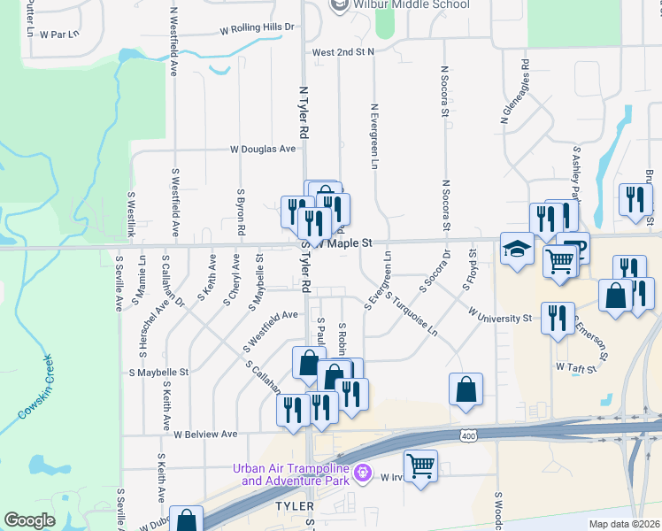 map of restaurants, bars, coffee shops, grocery stores, and more near 330 South Tyler Road in Wichita