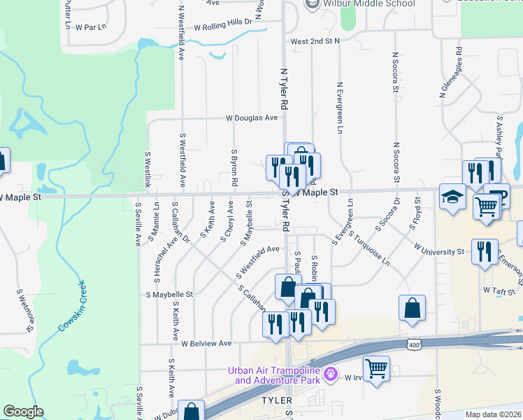 map of restaurants, bars, coffee shops, grocery stores, and more near 201 South Maybelle Street in Wichita