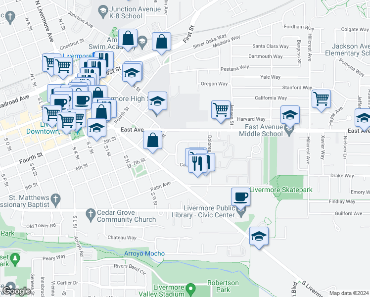 map of restaurants, bars, coffee shops, grocery stores, and more near 837 Arbor Court in Livermore