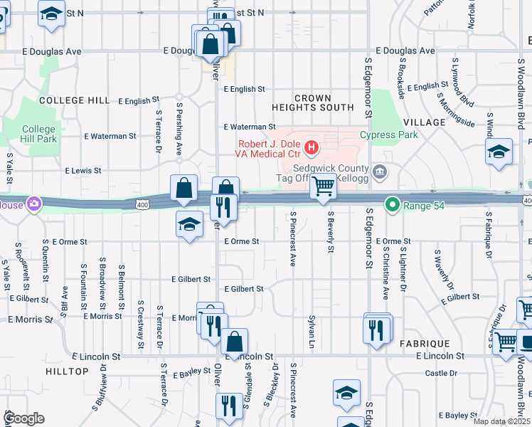 map of restaurants, bars, coffee shops, grocery stores, and more near 5025 East Kellogg Drive in Wichita
