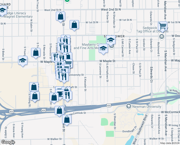 map of restaurants, bars, coffee shops, grocery stores, and more near 3520 West University Street in Wichita
