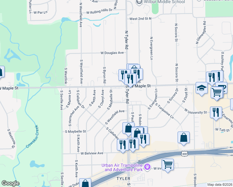 map of restaurants, bars, coffee shops, grocery stores, and more near 201 South Maybelle Street in Wichita