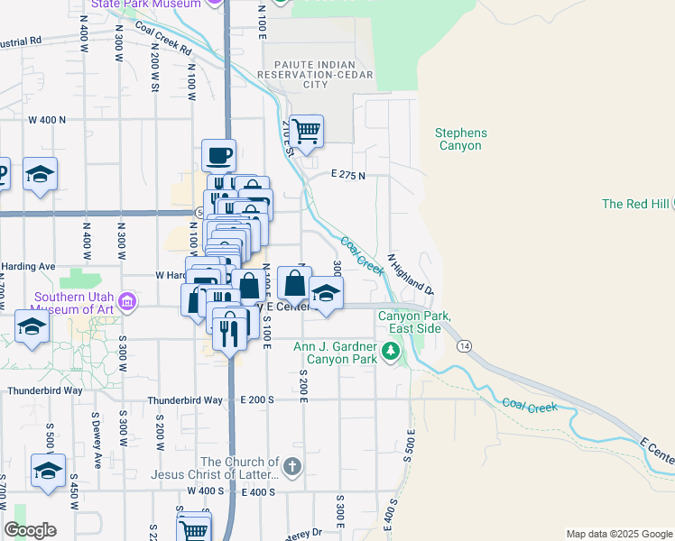 map of restaurants, bars, coffee shops, grocery stores, and more near 300 East Street in Cedar City